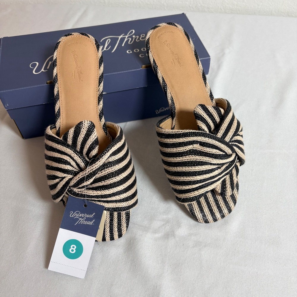 Universal Thread Mila fabric sandals 8 Black White NEW Striped Knot Slide Flat